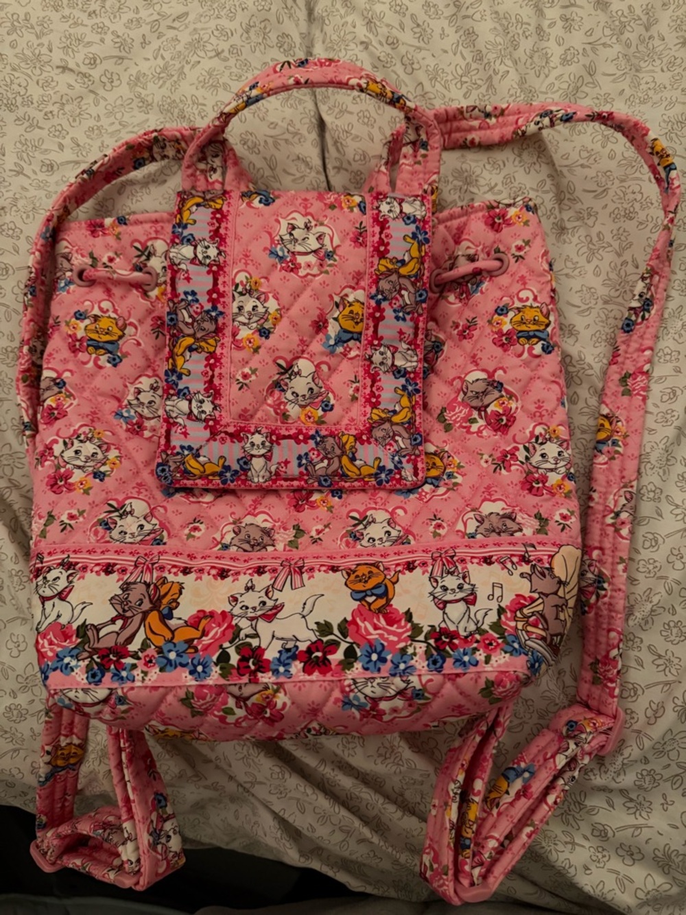 Vera Bradley Aristocats Pink Floral & Cat Print Quilted Backpack (New condition)